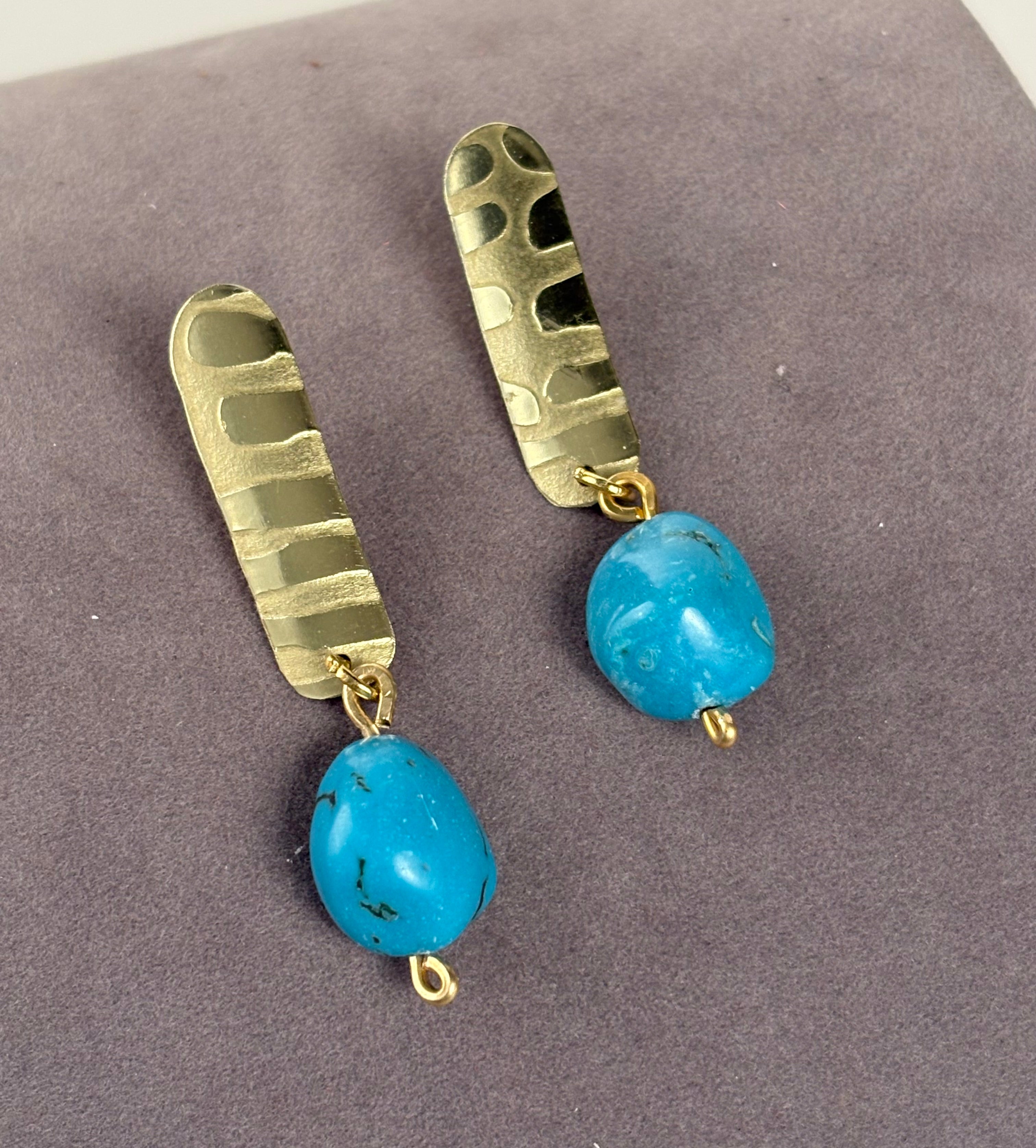 Textured Brass & Turquoise Pierced Earrings