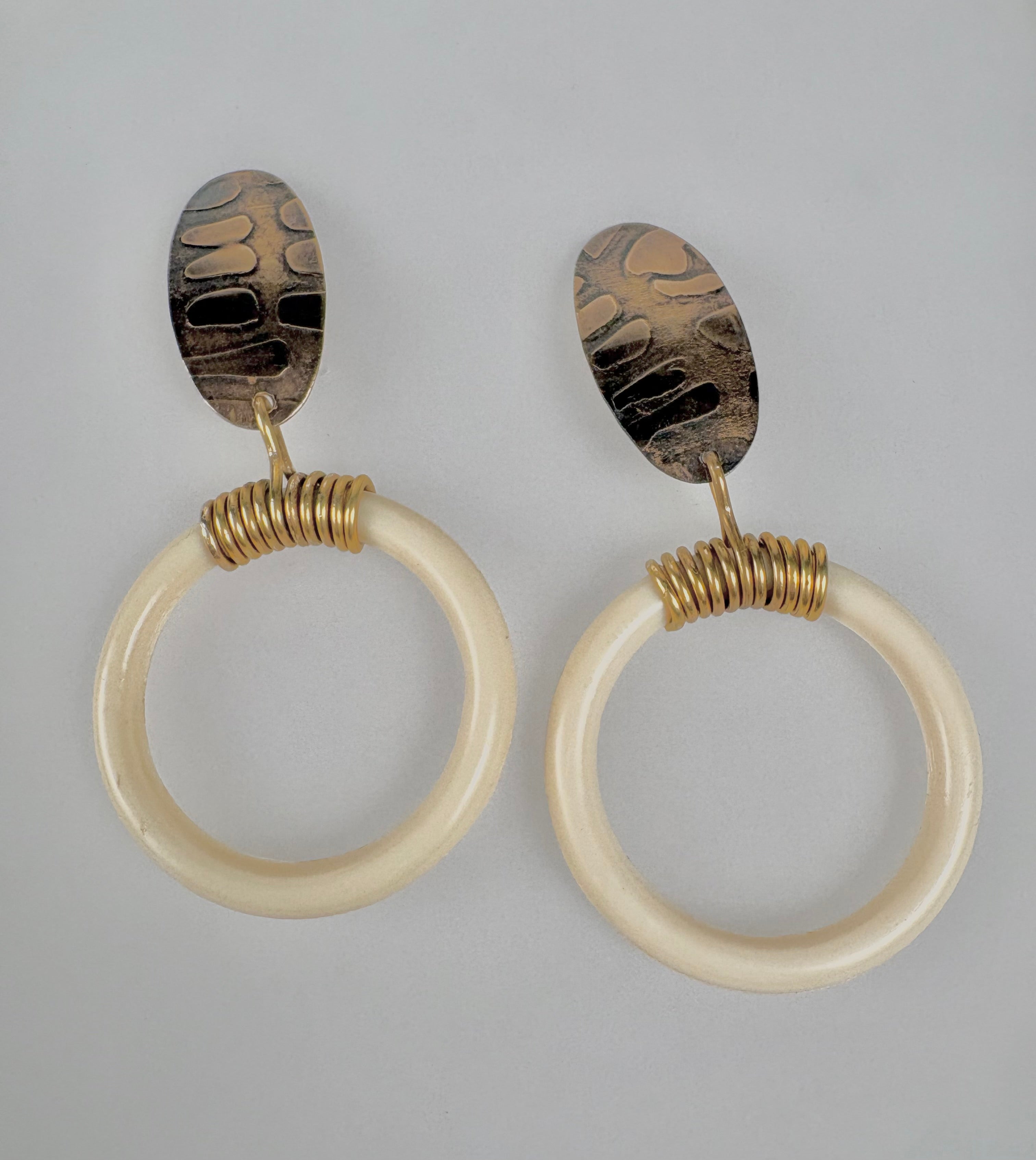 Textured Brass & Bone-like Hoop Pierced Earrings